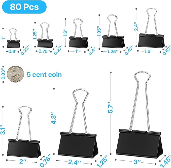 OWLKELA 80 Pcs Black Binder Clips, Paper Clamps, Paper Binder Clip, Assorted Sizes, Metal Black Binder Clips, Ideal for Office, Home and School Supplies