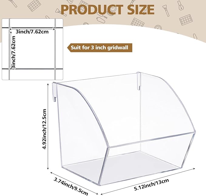 4 Pack Gridwall Baskets Hanging Gridwall Clear Acrylic Grid Wall Panels Bins Applicable to 3-inch Grid Board for Organizing Storage Display Kitchen Home Office Garage Bathroom (Simple Style)