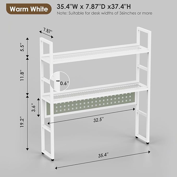 Desk Shelf, 35.43" Desk Hutch Bookshelf, Desktop Shelf with Pegboard for Computer Monitor, Metal Desktop Hutch Storage Organizer for Dorm Home Office, 2 Tier Bookcase, White