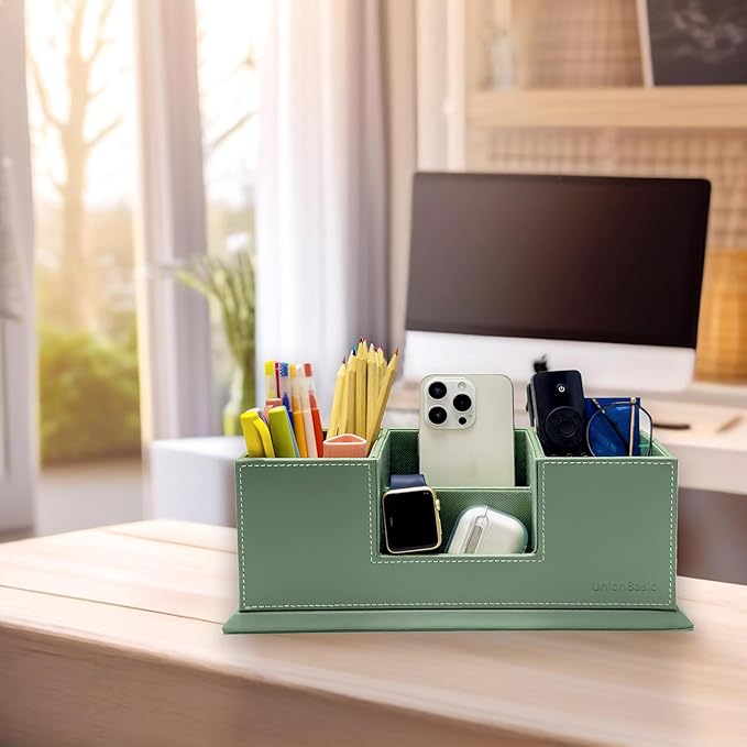 UnionBasic Desk Organizer, Desktop Caddy Leather Multi-compartment Pen Holder Office Stationer Organizer, Malachite Green