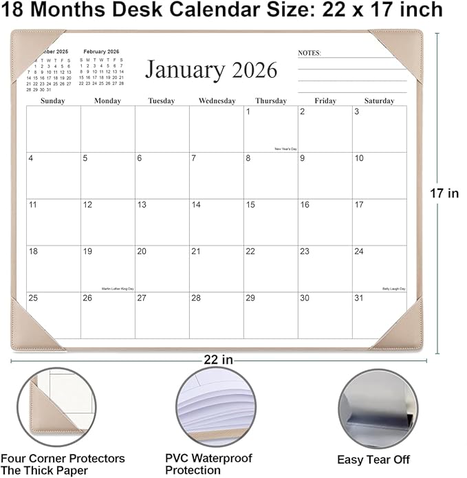 Simplified Desk Calendar 2026 with Desktop Mat, 18 Month Large Desk Pad Calendar from January 2026 to June 2027, 22" x 17" Desk Pad Calendar 2026-2027 for Home, School Office, Beige