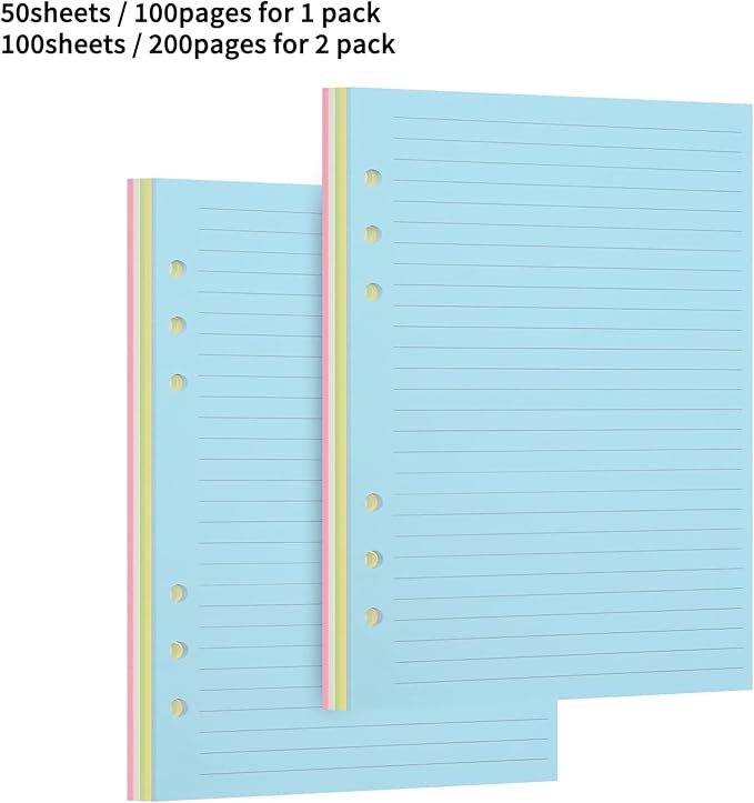 A5 Lined Notebook Paper,Color Loose Leaf Paper for 6-Ring Binder Planner Organizer, 6-Hole Binder Refill Paper Insert, 50 Sheets/100 Pages,Ruled (8.25 x 5.6") (2)