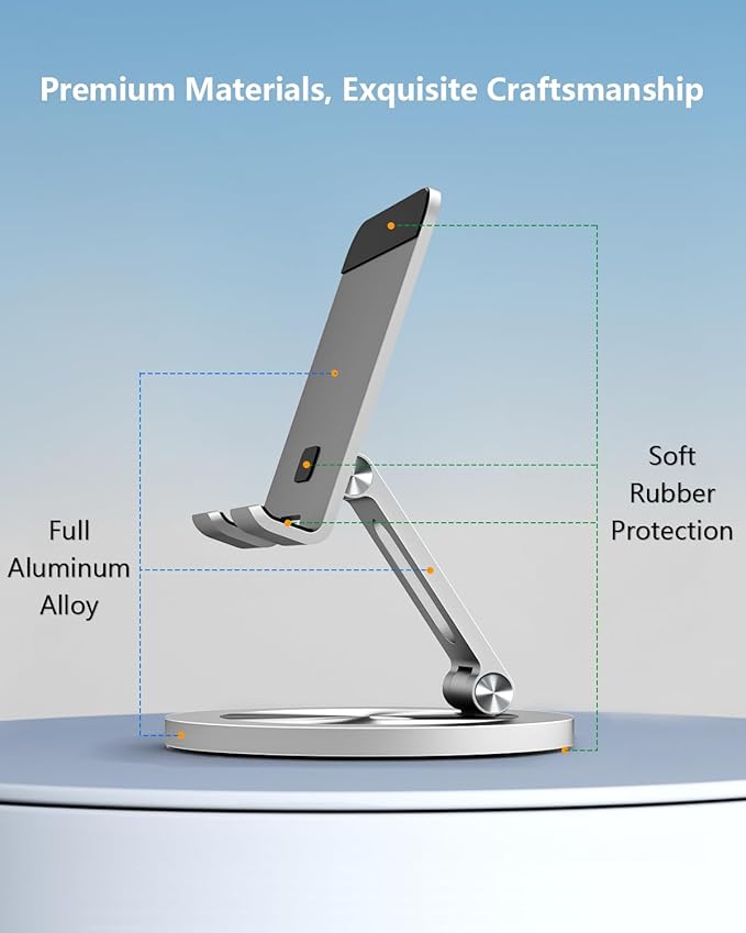 360 Rotating Phone Holder for Desk, Dual-Adjustable Foldable Heavy-Duty Bases Aluminum Phone Stand Compatible with iPhone 17 16 15 14 13 12 11 Series, Galaxy, 4-8" All Phones (Silver)