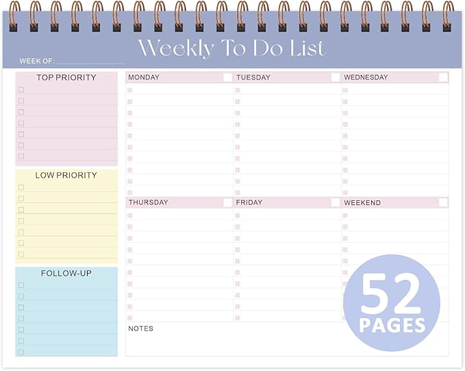 Weekly To Do List Notepad with 52 Undated Sheets (8.5"×11"), Desk Weekly Planner Notepad for Office Desk Accessories and School Supplies (Purple)