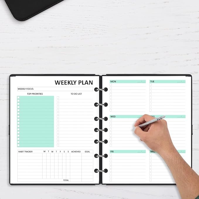 Undated Weekly Planner Refills for A5 Planner Binder - 53 Sheets/106 Pages Undated Colorful Weekly Planner Inserts, 7-Hole Punched, Weekly Plan (Left), Daily Details (Right), A5 Planner Inserts, Lasts 1 Year, Undated, 5.8" x 8.25"