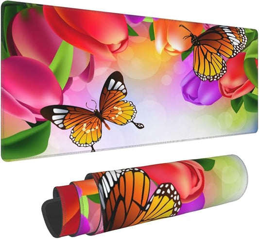 Tulip Flowers and Butterfly Large Mouse Pad with Stitched Edges Long Non-Slip Rubber Base Mousepad Laptop Keyboard Mat Desk Pad for Office Home Desk Decor, 31.5" X 11.8"