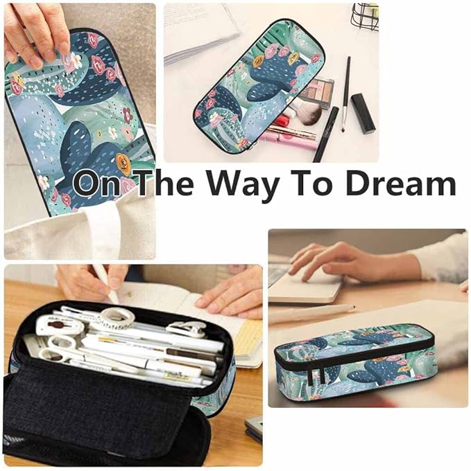 Yekiua Cacti Succulents Pencil Case Beautiful Pastel Vintage Flowers Big Capacity Pencil Pouch Office College Makeup Bag Pink White Yellow