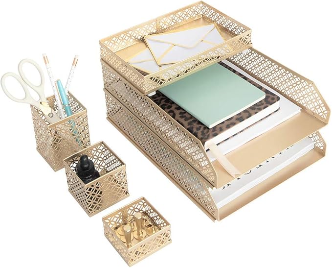 BLU MONACO | Aqua Desk Organizer Set for Women 6 Piece | Mail Sorter Organizer Countertop with Letter Sorter for Desk | Steel Desktop Organizer with Mesh Pen Holders