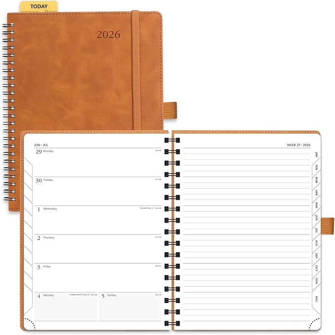 POPRUN 2026 Planner Weekly Notebook (Jan-Dec), Medium 8.5''x 6.5'' - Agenda 2026 Calendar Book with Monthly Tabs, Inner Pocket, Spiral Soft Cover, 100 GSM TJ - Brown