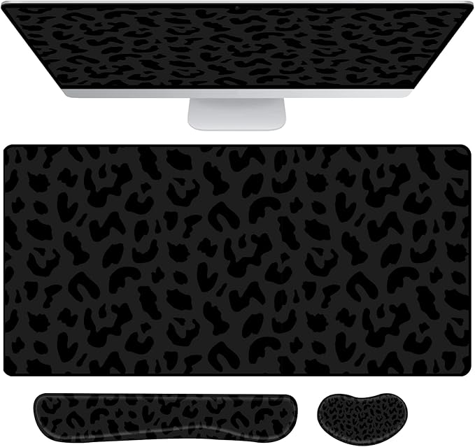 3Pcs Large Gaming Mouse Pad Desk Mat,Keyboard Mouse Wrist Rest Support Set,Extended Laptop Mouse Pad Memory Foam Non-Slip Base for Gamer Home Office(31.5x15.7in)-Black Leopard Cheetah