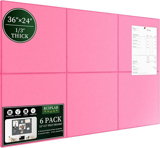 Large Cork Bulletin Board for Wall 36"x24", 6 Pack Felt Wall Tiles with 50 Pushpins, 30 Safe Removable Adhesive Tabs, Decorative Pin Board Tack Board for Office Home School, Pink