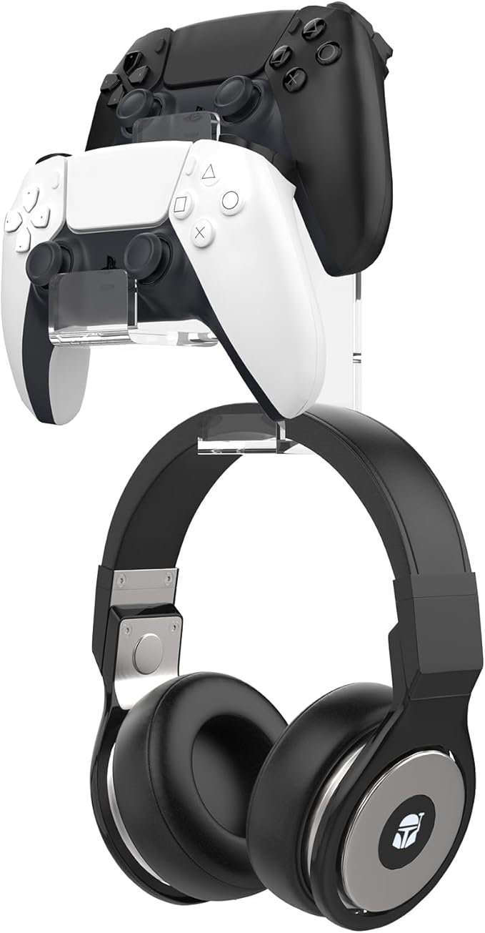 Controller Holder, Moko Dual Gamepad Headphone Hanger & Controller Fits STEAM, PS3, PS4, PS5, Xbox 360, PC, Switch/Switch 2, Wall Mount Stand for All Kinds of Headsets, Clear, Clear