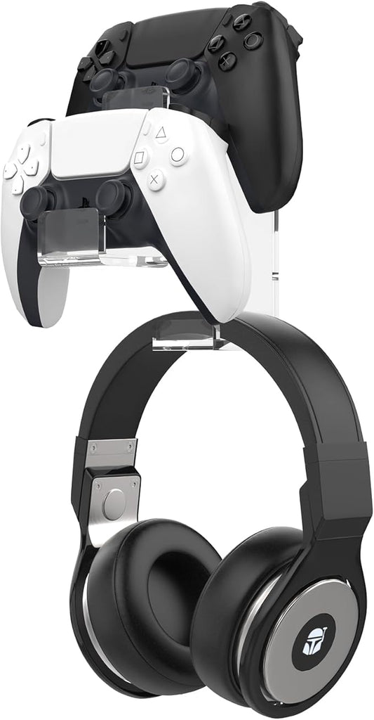 Controller Holder, Moko Dual Gamepad Headphone Hanger & Controller Fits STEAM, PS3, PS4, PS5, Xbox 360, PC, Switch/Switch 2, Wall Mount Stand for All Kinds of Headsets, Clear, Clear