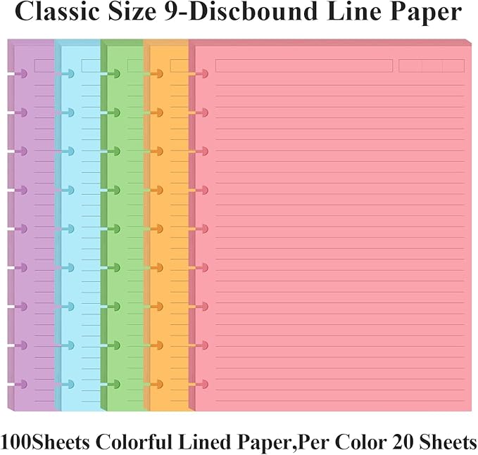 9-Disc Discbound 5 Colorful Line Paper Pre-punched Happy Planners Inserts, 100Sheets/200Pages Classic Size Line Loose-Leaf Paper, Per Color 20 Sheets, 7" x 9.25"