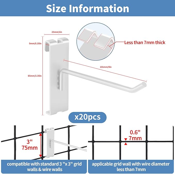 20Pcs Gridwall Hooks, Metal Grid Panel Hanging Peg Hooks, Grid Wall Accessory for Clothes Storage, Home Organization, Retail Display (White, 4"/10Cm)