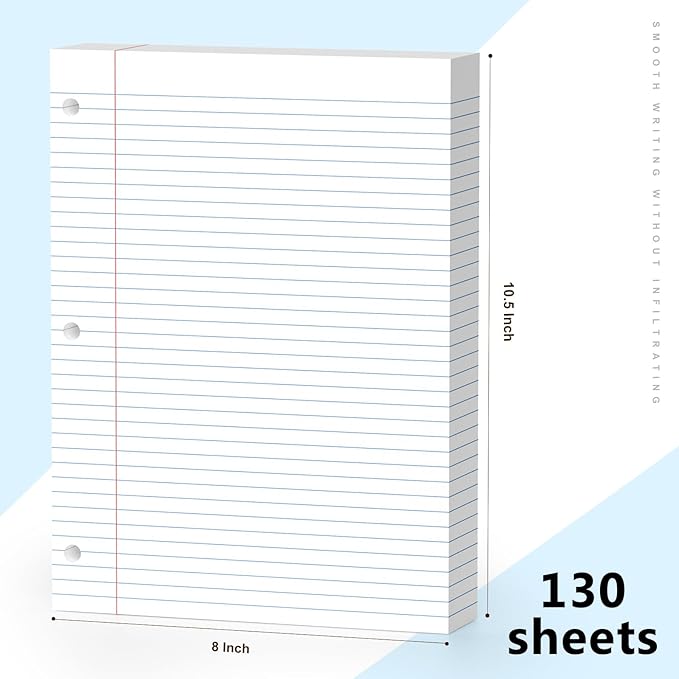 White Loose Leaf Paper 130 Sheets Filler Paper 8 * 10.5 College Ruled 3-Hole Punched for 3-Ring Binders Notebook Lined 8" x 10.5"