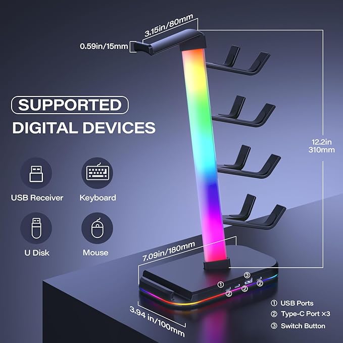 Controller Holder 5 Tier Headphone Stand Gaming Headset Holder RGB PC Gaming Accessories for Desk, Cool LED Headset Stand with 2 Type-C Outport, 1 USB Charger for Gamer, Black