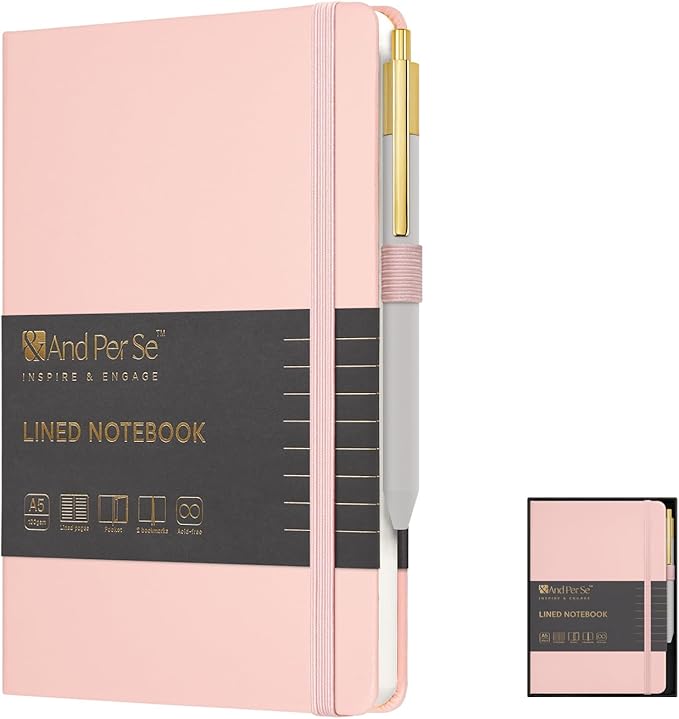&And Per Se Lined Journal and Pen Set, A5 Leather Hardcover Notebook with Pen & Stationary Set, 160 Pages Journal for Business Work Writing, Valentine's Day Gift Set for her (Pink, Gift Set)