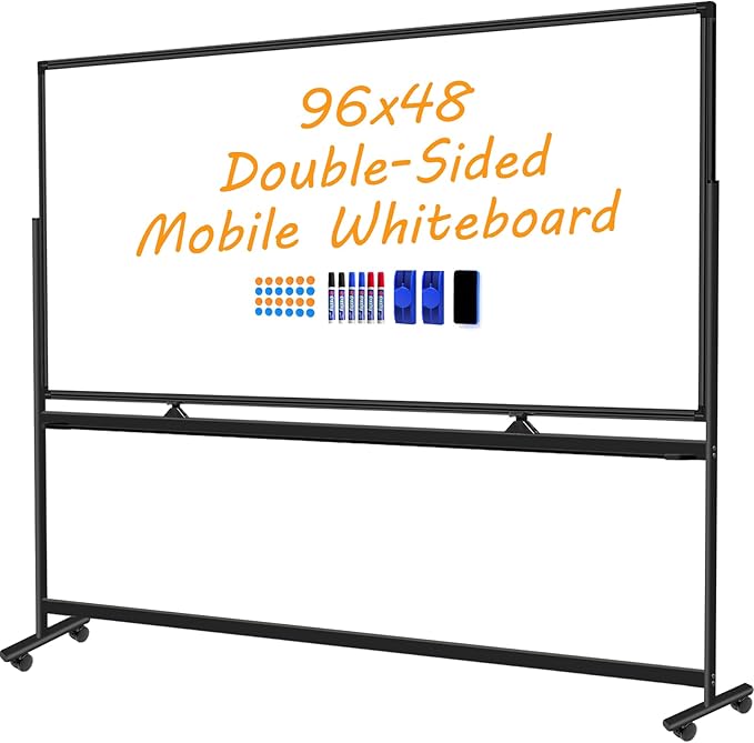 Large Magnetic Rolling Whiteboard on Wheels, 96 x 48 Inches, Double-Sided Mobile White Board with Stand, 8' x 4' Dry Erase Board with Stand for Office, School, Home, 3 Eraser, 6 Markers, 24 Magnets