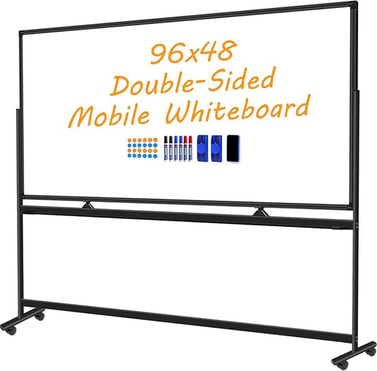 Large Magnetic Rolling Whiteboard on Wheels, 96 x 48 Inches, Double-Sided Mobile White Board with Stand, 8' x 4' Dry Erase Board with Stand for Office, School, Home, 3 Eraser, 6 Markers, 24 Magnets