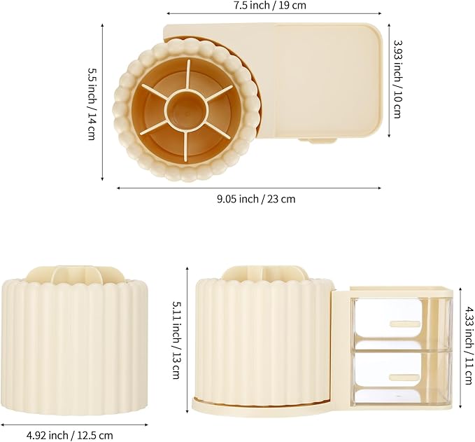 LETURE Rotating Office Desk Organizers and Accessories with 2 Drawer, Pencil Pen Marker Holder for Desk, Desktop Storage Organizers and Accessories for Office Home Art Supplies (Cream)
