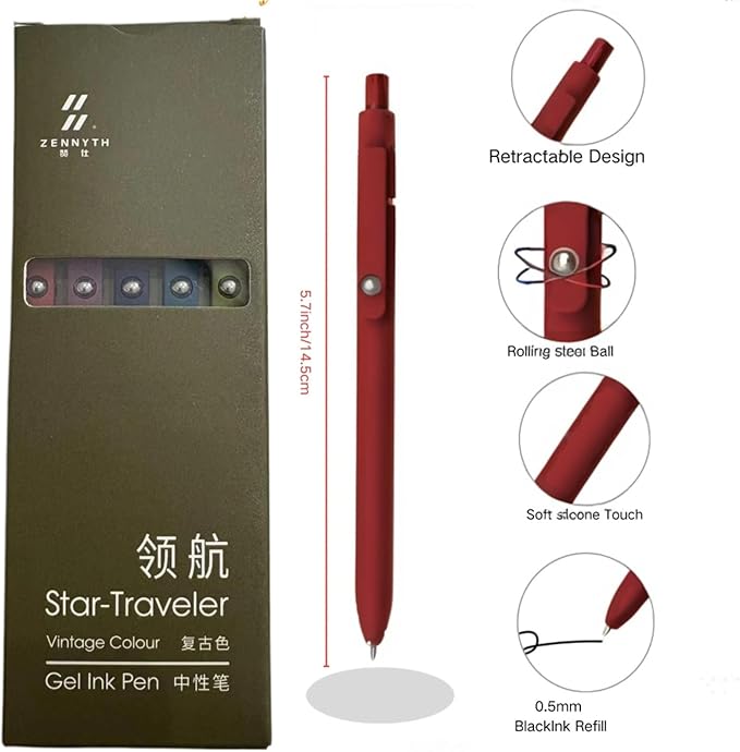 Gel Pens, 5PCS 0.5mm Fine Point Smooth Writing Black Ink Pens, Retractable Vintage Series Cute Pens for Journaling, Note Taking, Office and School Supplies, Perfect for Women and Men