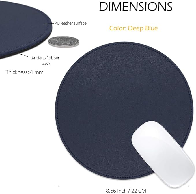 ProElife Premium Cute Round Mouse Pad Mat Waterproof PU Leather 8.66-Inch Mousepad with Anti-Skid Base Stitched Edge for Home Office Gaming Computer Laptop Accessories (Blue)
