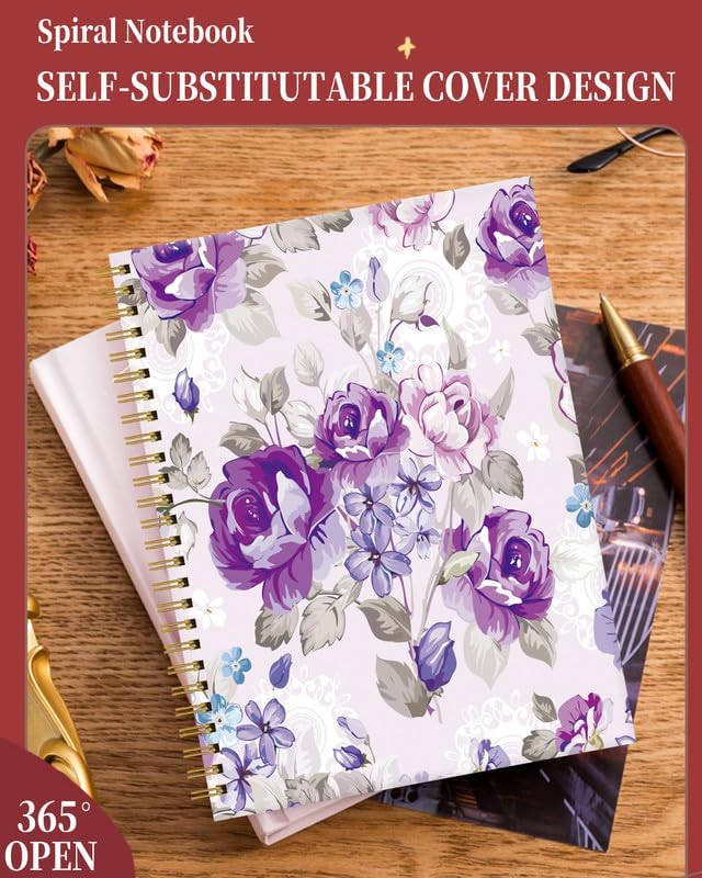 Spiral Journal Notebook for Women,A5 College Ruled Notebooks 6"x 8.4", 120 Pages (60 Sheets) Lined Journal with Premium Thick Paper,Perfect for School Office Home(Watercolor Flowers Rose Lavender)