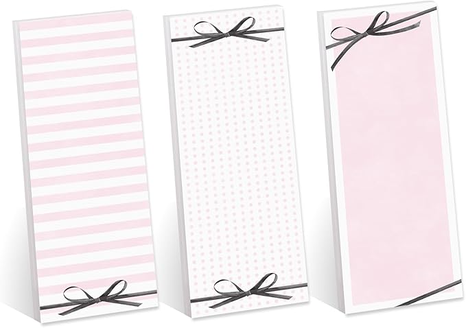 Coquette Bow Tall Sticky Note Assortment/Set of 3 Cute Pink Striped Pads / 3" x 8" Daily Task Trackers / 50 Sheets Per Pad/Made in USA