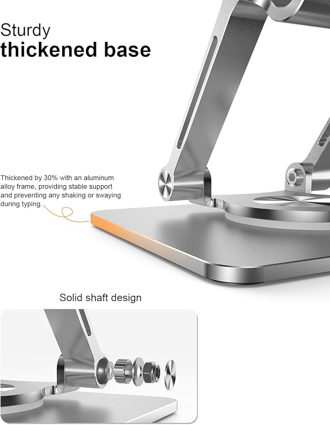 OrlianTablet Stand Holder with Thickened 360°Rotating Base Dual Rod Adjustable Aluminum Stand for All 5.8-12.9” iPad Samsung Phone Tablet Kindle E-Reader and More, Silver