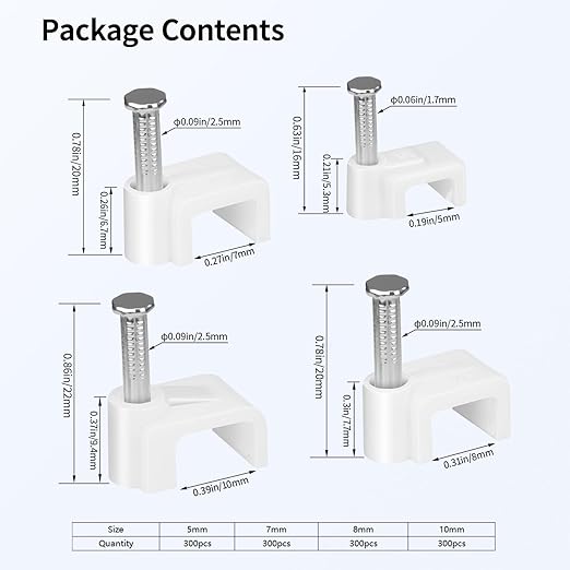 LeMotech 1200pcs Cable Clips 5/7/8/10mm Flat Cable Nail Clips Cable Tacks Coaxial Nail Clamps for Cable Cord Management RG6 RG59 CAT5 CAT6 RJ45 Electrical Ethernet Coaxial Clamps, White