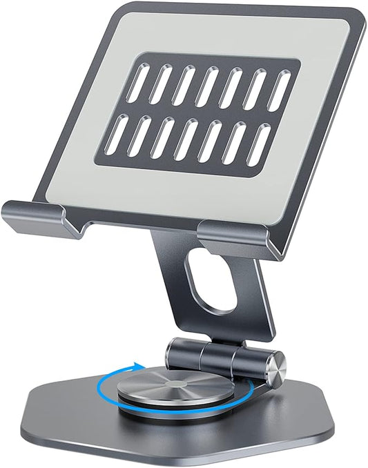 Foldable Aluminum Tablet Stand for Desk, 360° Swivel iPad & Tablet Holder – Portable & Stable Desktop Mount for 5–12.9in Devices, Grey