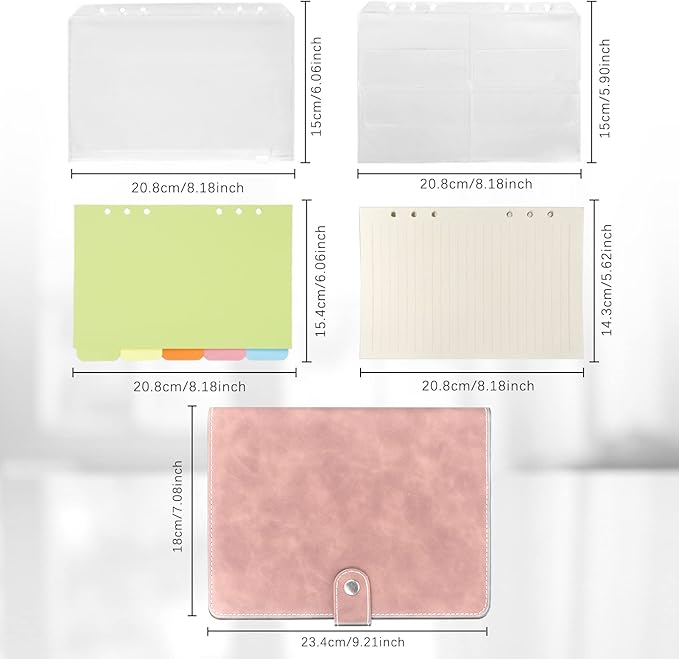 FYY A5 Binder Refillable Planner Notebook 6 Ring PU Leather Binder Journal with Pockets, Dividers, Refill Paper Pink