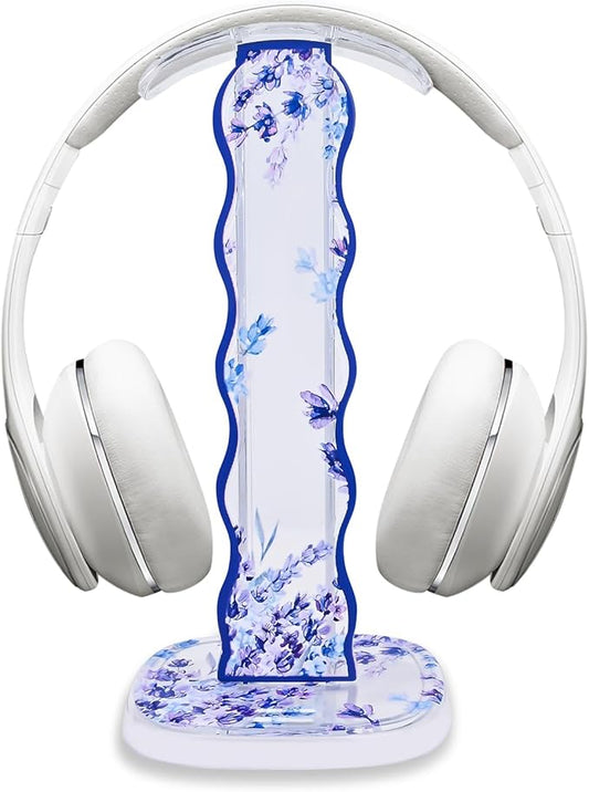 CamyCosy Headphone Stand Gaming Headset Holder for Desk,Unique Purple Lavender Flowers Pattern Clear Cellphone Stand Earphone Stand Desk Accessories for All Headphones Size