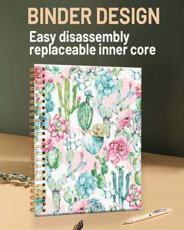Spiral Journal Notebook for Women,A5 College Ruled Notebooks 6"x 8.4", 120 Pages (60 Sheets) Lined Journal with Premium Thick Paper,Perfect for School Office Home(Watercolor Cactus Floral)