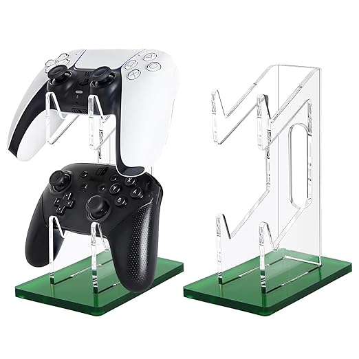FYY Game Controller Holder 2 Tiers - Universal Dual Controller Stand Headphone Holder, Acrylic Green Controller Display Stand Compatible with Nintendo Switch Xbox PS5 PS4, Desk Mounts for Controller