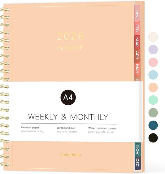 2026 Planner, Forvencer Calendar Planner Weekly and Monthly (Jan 2026-Dec 2026), 8.5" X 11", Agenda Book, Daily Journal Notebook with Tabs, Flexible Cover, Home School Organizer, A4, Orange