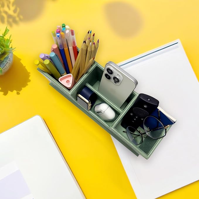UnionBasic Desk Organizer, Desktop Caddy Leather Multi-compartment Pen Holder Office Stationer Organizer, Malachite Green