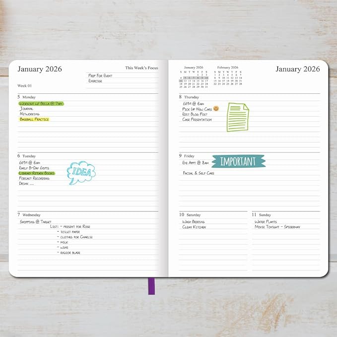 2026 Planner - Weekly and Monthly Planner, Jan 2026 - Dec 2026, Vegan Leather Cover, Elastic Closure, 8.5"x11", Purple