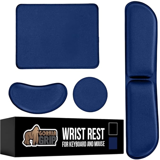 GORILLA GRIP Silky Memory Foam Keyboard Wrist Rest and Mouse Pad for Computer, Ergonomic Typing Support, Desk Office Supplies Gaming Accessories, Hand & Arm Mousepad Cushions and Coaster Set Navy Blue