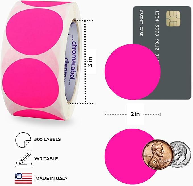 ChromaLabel 2 Inch Round Colored Stickers, High Visibility Permanent Sticky Dots Color Coding Labels, Easy to Write On Colored Dot Stickers, 500 Fluorescent Pink Circle Stickers per Roll