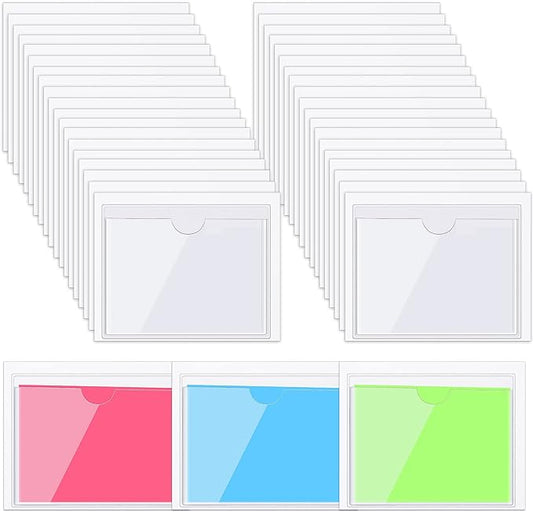 Chinco 30 Pcs Self Adhesive Pockets, Bin Labels for Storage Bins, Clear Pocket Label Sleeves, Plastic Index Card Holder with Top Open for Organizing Bins Box Drawer(2.75 x 3.5 Inches)