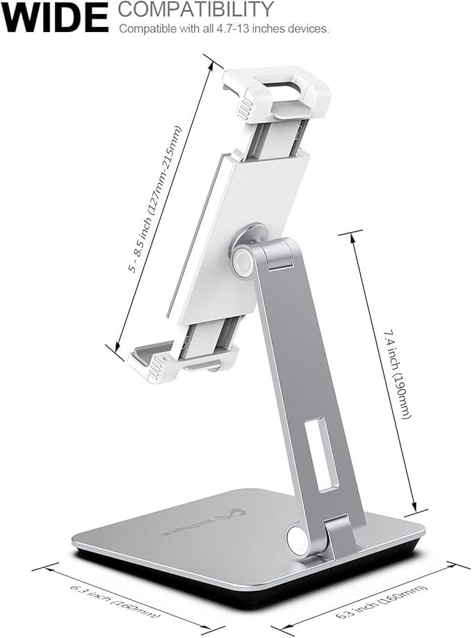 Tablet Stand Holder, Heavy Aluminum Alloy Multi-Angle Foldable iPad Holder Stand for 4.7''- 13'' Screen Surface Pro Series, iPad Series, Pro, Mini, Air, Samsung Galaxy Tabs and More (Silver)