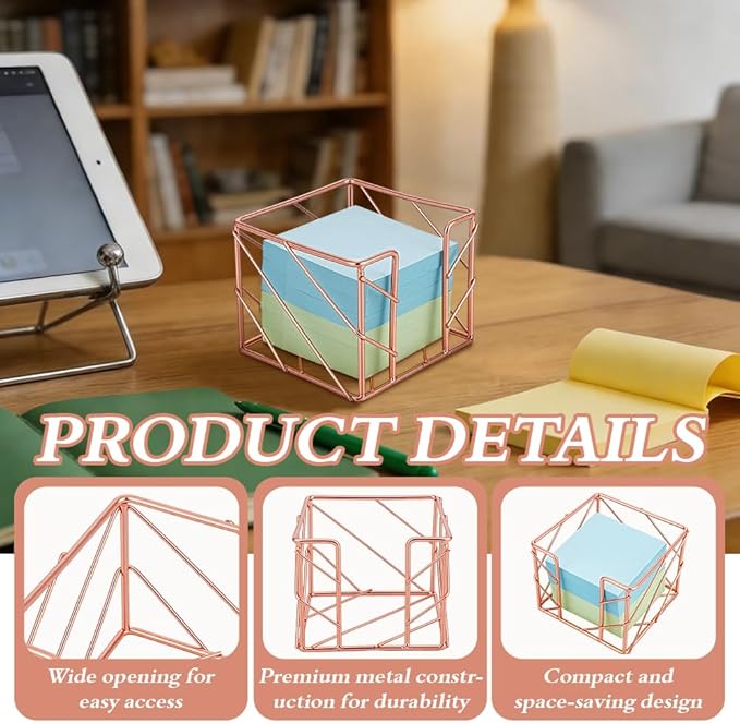 6 Pcs Sticky Note Holder, 4x4x3.15Inch Memo Note Cube Holder Mesh Desk Organizer for Notepads Pens Home Office Desk Supplies (Rose Gold)