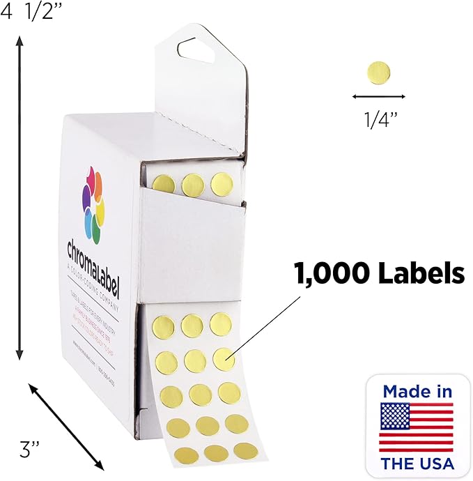 ChromaLabel 1/4 Inch Circle Sticker Labels, High Visibility Colored Dot Stickers with Handy Dispenser, Round Color Coding Labels - 1000 Sticky Dots, Metallic Gold Stickers