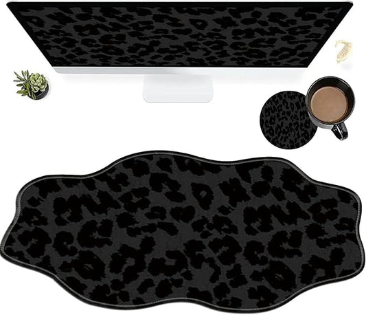 Black Leopards Large Gaming Mouse Pad Plus a Coaster, 35.4 x 15.7 inches Desk Mat Extended XXL Mousepad with Stitched Edge Non-Slip Rubber, Desk Pad Computer Mouse Mat for Home Office
