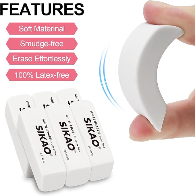 White Erasers, 6 Pack Pencil Erasers for Kids – Latex-Free & Smudge-Free Beveled Rubber Erasers for School Supplies, Classroom, Tests & Homework