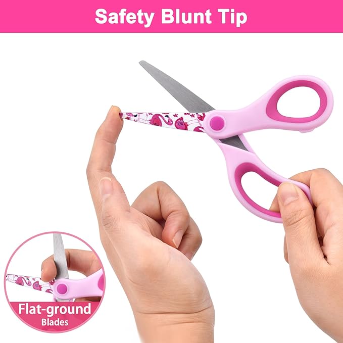5" Kids Safety Scissors 3 Pack, Blunt-Tip Stainless Steel Blades (Print Design) & Ergonomic Comfort Handles, for Toddlers, Children, Small School Students, Craft Cutting Paper, Assorted Colors