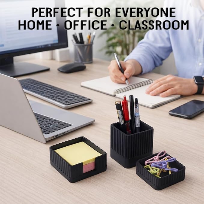 Aesthetic Concrete Desk Organizer Set of 3 - Stylish & Durable Office Accessories - Includes Pen Holder, Paperclip Storage, and Sticky Note Holder for a Clean, Modern Workspace (Black)