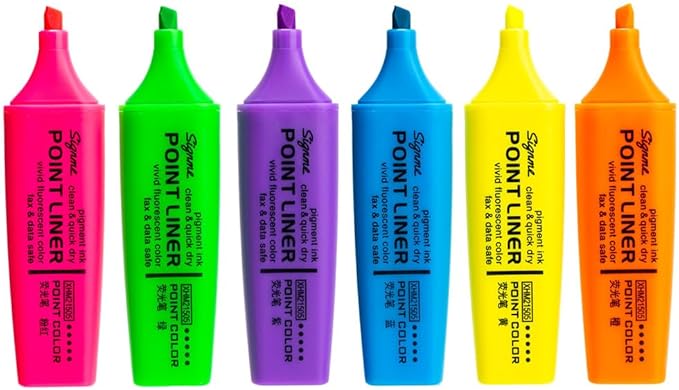 M&G 6pcs Highlighter Pens, 6 Assorted Fluorescent Colors, Soft Fiber Tips, Smooth Highlight Ink, Fluorescent Ink for Journaling, Planners, Office Documents, and Everyday Organization